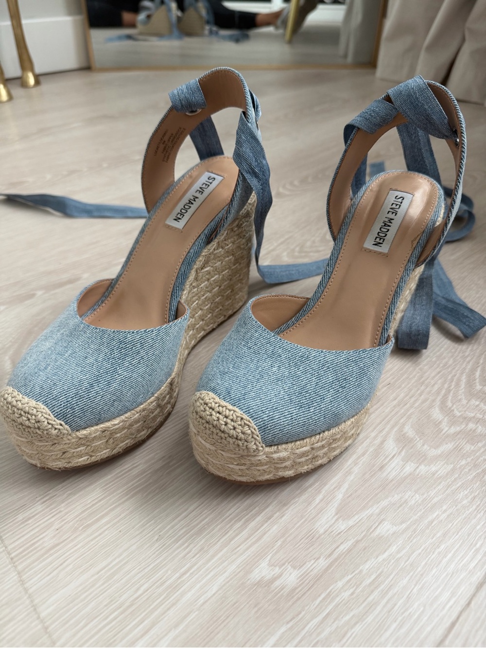 Steve Madden Light Blue Denim Espadrille Wedge Sandals with Ankle Ties